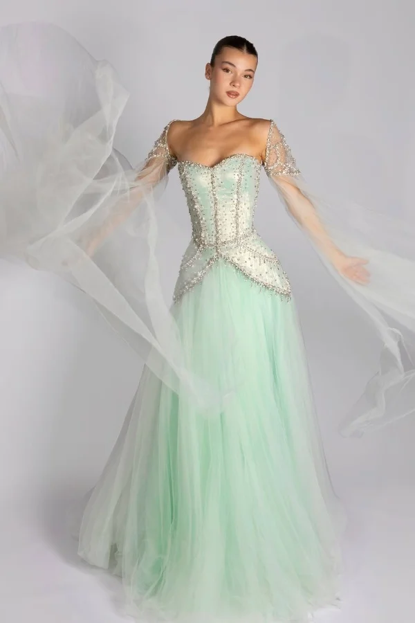Long Sleeves Sweetheart Long A Line Prom Dress With Pleated Beading BMBRIDE