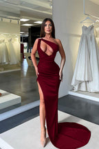 Chic Sleeveless One Shoulder Mermaid Long Split Evening Dress With Pleated BMBRIDE