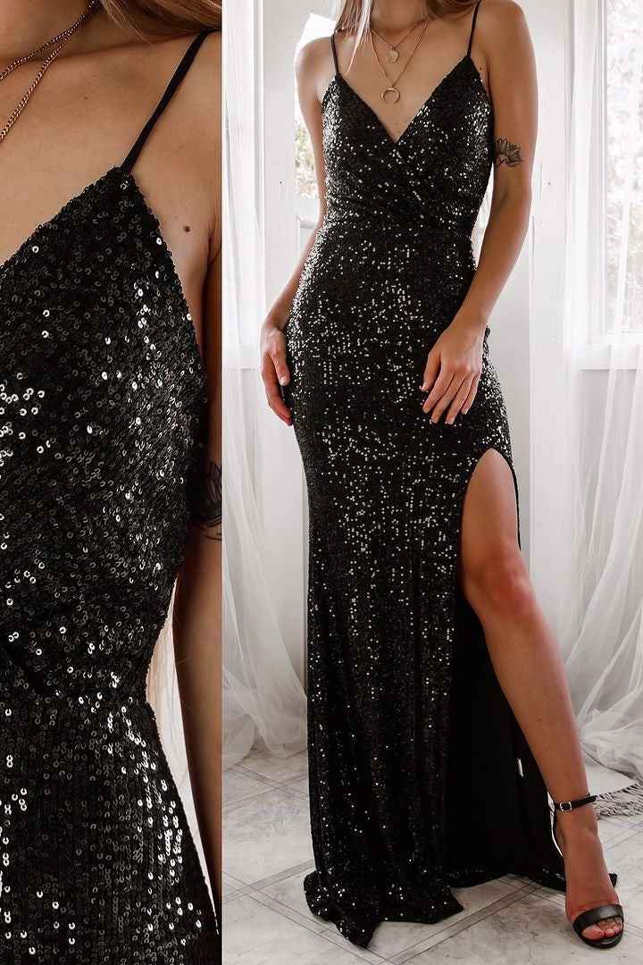 Sequins Spaghetti Strap V Neck Sleeveless Long Prom Dress With Side Split