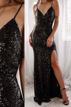 Sequins Spaghetti Strap V Neck Sleeveless Long Prom Dress With Side Split