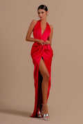 Red Halter Sleeveless Backless Long Prom Dress With Front Split BMBRIDE