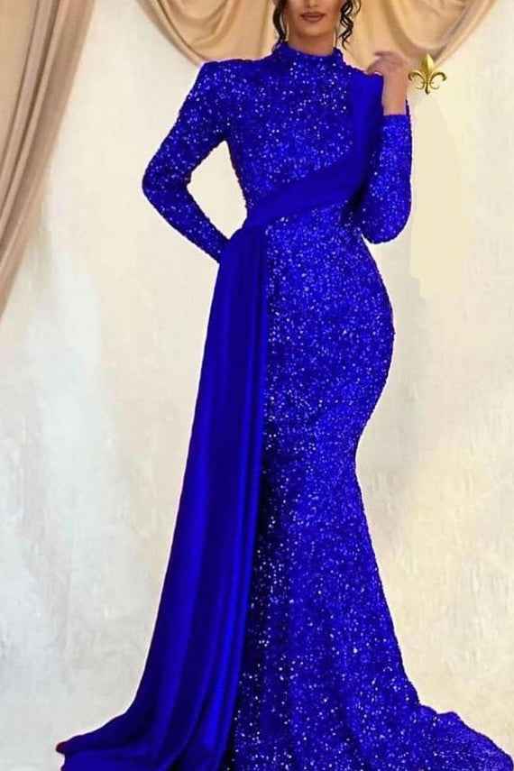 Charming Long Sleeves Mermaid Sequins Prom High Collar Dress With Ruffles