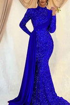 Charming Long Sleeves Mermaid Sequins Prom High Collar Dress With Ruffles