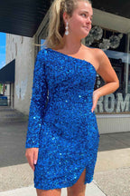 Fuchsia Sequins Homecoming Dress with Sleeves Bmbride