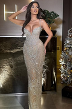 Spaghetti Strap Sleeveless Long Mermaid Prom Dress With Beading