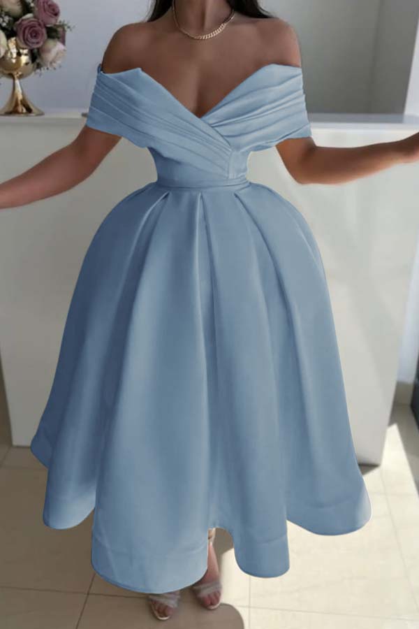 Off the Shoulder Sleeveless A Line Prom Dress With Pleated BMBRIDE