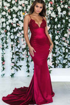Burgundy Spaghetti Strap Sleeveless Backless Mermaid Lace Prom Dress Long