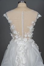 Cap Sleeve Jewel Neck Ball Gown Wedding Dress with Floral Appliques BM bride