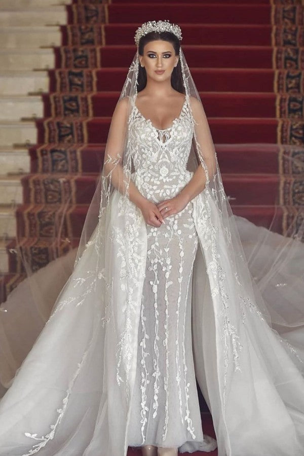 V-Neck Tulle Lace Long Mermaid Wedding Dress with Detachable Train BM bride