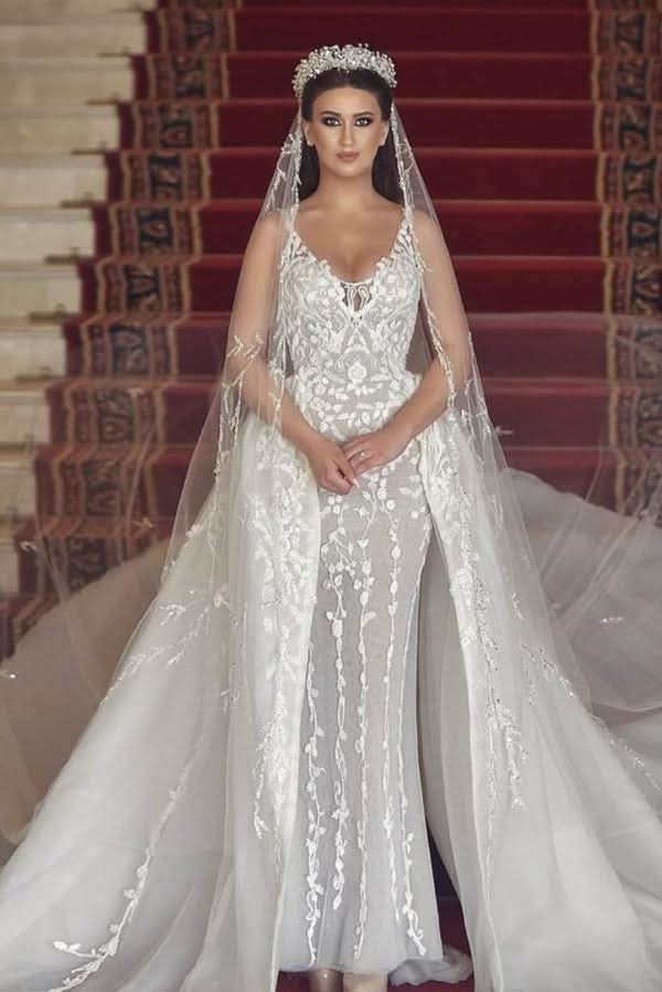 V-Neck Tulle Lace Long Mermaid Wedding Dress with Detachable Train BM bride