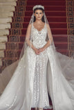 V-Neck Tulle Lace Long Mermaid Wedding Dress with Detachable Train BM bride