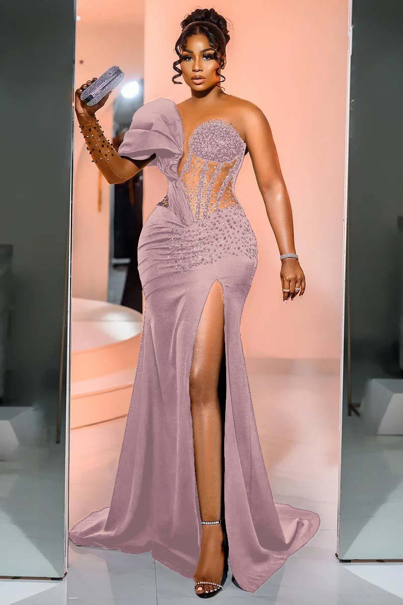 One Shoulder Long Sleeve Long Mermaid Prom Dress With Beading BMBRIDE
