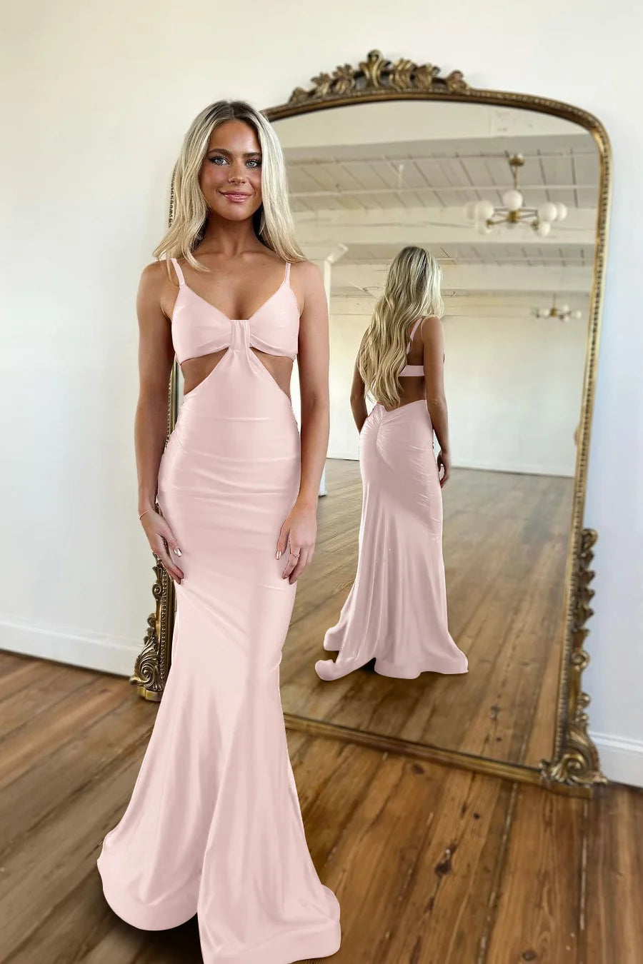 Red Waistless Sleeveless Tight Fitting Spaghetti Strap Mermaid Prom Dress BMBRIDE