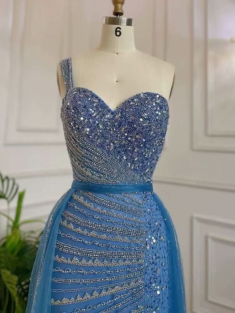 Sleeveless Mermaid Evening Dress with Split, One Shoulder, Sequins, and Tulle BM bride