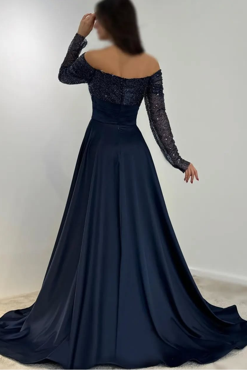 Off the Shoulder Long Sleeves Long Prom Dress With Sequins Pleated