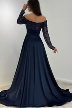 Off the Shoulder Long Sleeves Long Prom Dress With Sequins Pleated