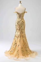 Sparkly Golden Off the Shoulder Mermaid Sequins Long Prom Dress with Slit