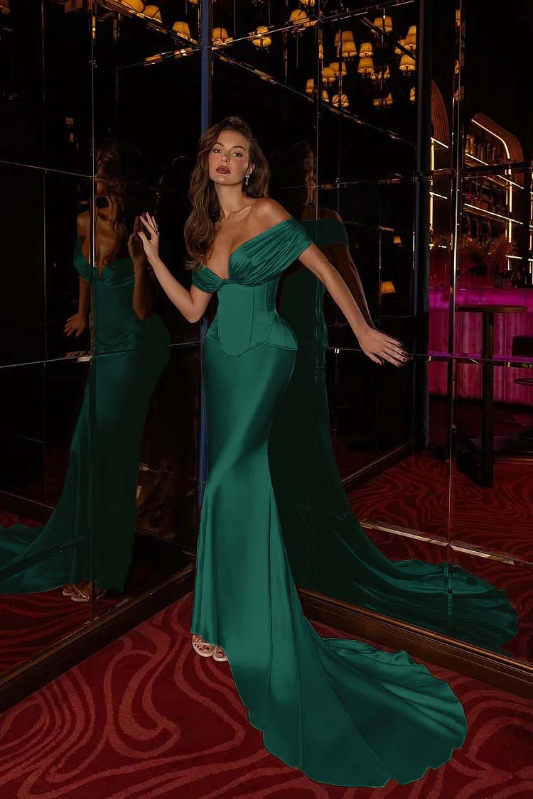 Off the Shoulder Sleeveless Long Mermaid Prom Dress With Pleated BMBRIDE