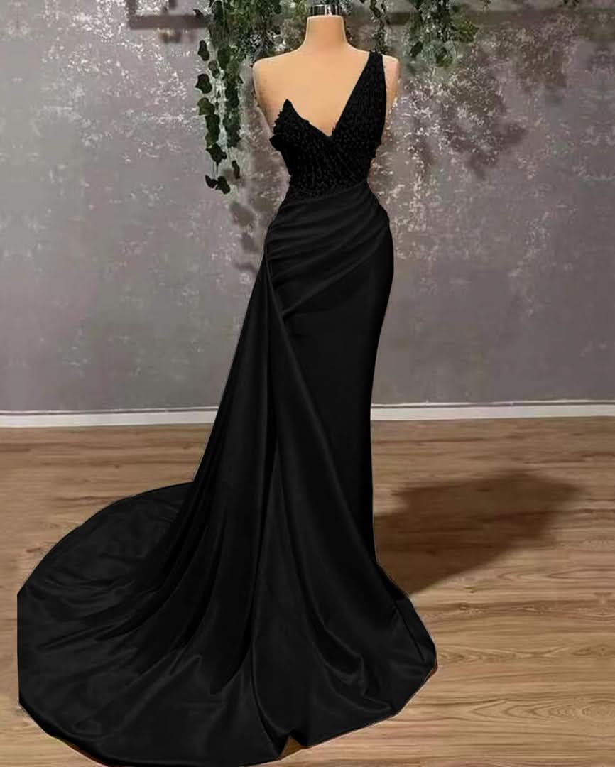 Ivory Elegant One-Shoulder Appliqued Mermaid Prom Dress with Ruffles BM bride