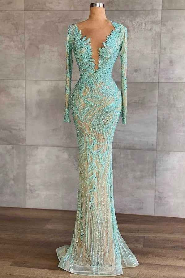 Light Blue Mermaid Beaded Tulle Prom Dress Long Sleeves With Sequins