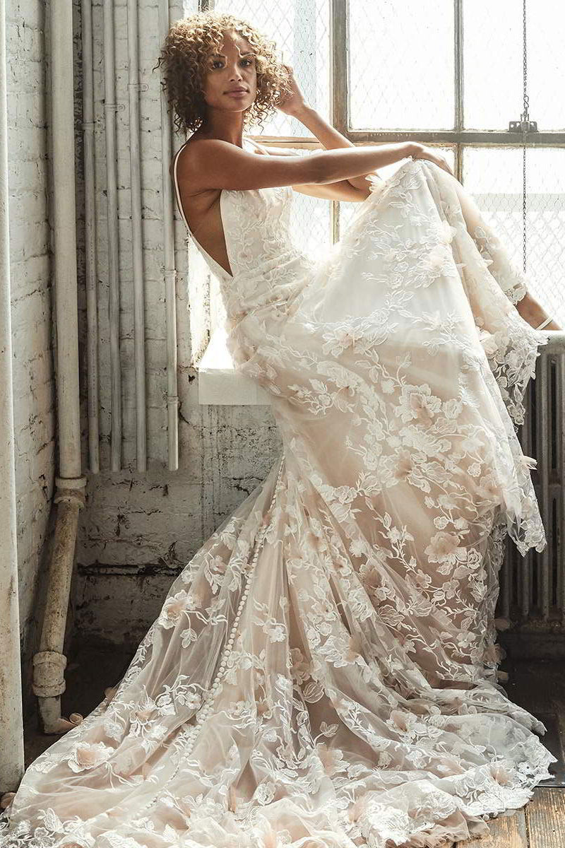 Gorgeous Sleeveless Spaghetti Strap Lace Appliques Wedding Dress (Online) BM bride