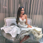 Short A-Line One-Shoulder Floral Pattern Wedding Dress with Sleeves BM bride