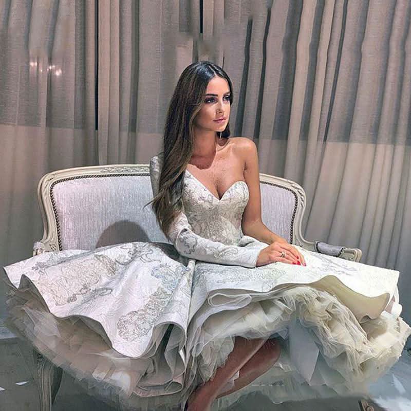 Short A-Line One-Shoulder Floral Pattern Wedding Dress with Sleeves BM bride