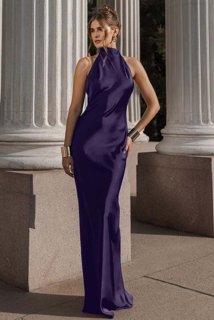 Halter Sleeveless Backless Mermaid Long Prom Dress With Pleated BMBRIDE