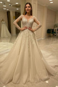 Elegant Long A-Line Wedding Dress with Lace Appliques and Sleeves BM bride