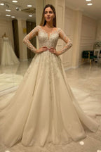 Elegant Long A-Line Wedding Dress with Lace Appliques and Sleeves BM bride