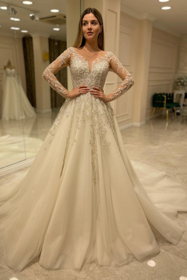 Elegant Long A-Line Wedding Dress with Lace Appliques and Sleeves BM bride