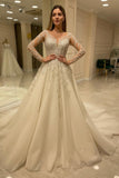 Elegant Long A-Line Wedding Dress with Lace Appliques and Sleeves BM bride