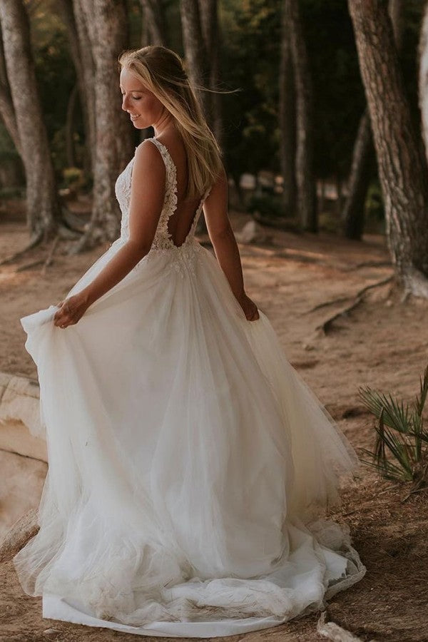 Modest Boho Long A-Line V-Neck Backless Lace Tulle Wedding Dress BM bride