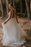 Modest Boho Long A-Line V-Neck Backless Lace Tulle Wedding Dress BM bride