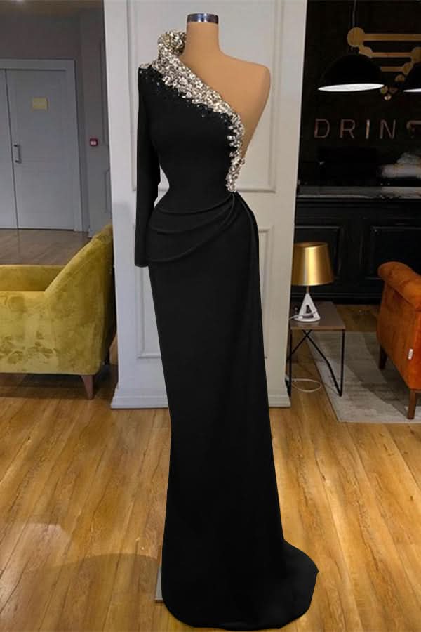 Green Long Sleeve One-Shoulder Beaded Mermaid Prom Dress BM bride