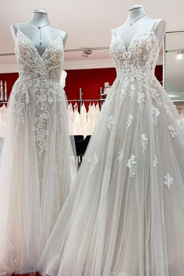 Long A-line V-neck Backless Wedding Dress With Ruffles BM bride