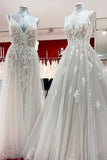 Long A-line V-neck Backless Wedding Dress With Ruffles BM bride