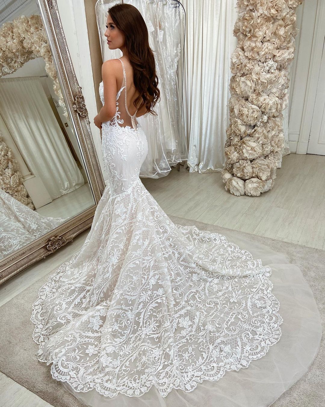 Long Mermaid Sweetheart Spaghetti Strap Wedding Dress with Lace and Backless Design BM bride