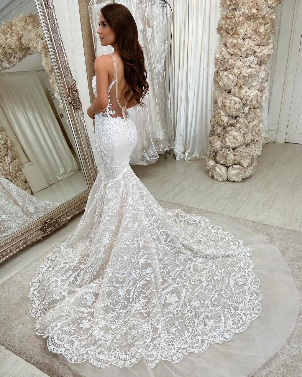 Long Mermaid Sweetheart Spaghetti Strap Wedding Dress with Lace and Backless Design BM bride
