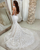 Long Mermaid Sweetheart Spaghetti Strap Wedding Dress with Lace and Backless Design BM bride