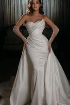 White Long Sleeve Sweetheart Beaded Mermaid Wedding Dress with Detachable Skirt BM bride