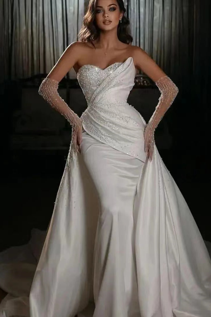 White Long Sleeve Sweetheart Beaded Mermaid Wedding Dress with Detachable Skirt BM bride
