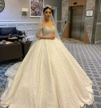 Sweetheart Off-the-Shoulder Backless Ball Gown Wedding Dress with Pearl Beading and Ruffles BM bride