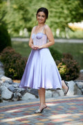 Lilac Spaghetti-Strap Sleeveless Tea Length Evening Dress with Beads BM bride