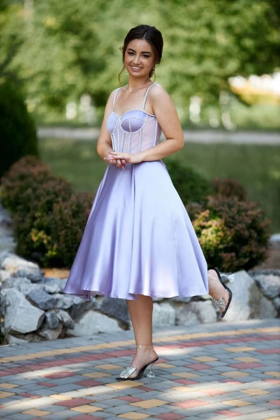 Lilac Spaghetti-Strap Sleeveless Tea Length Evening Dress with Beads BM bride