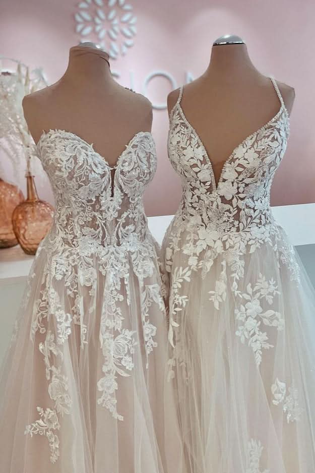 A-Line Backless Floor-length Wedding Dress With Tulle Lace Appliques BM bride