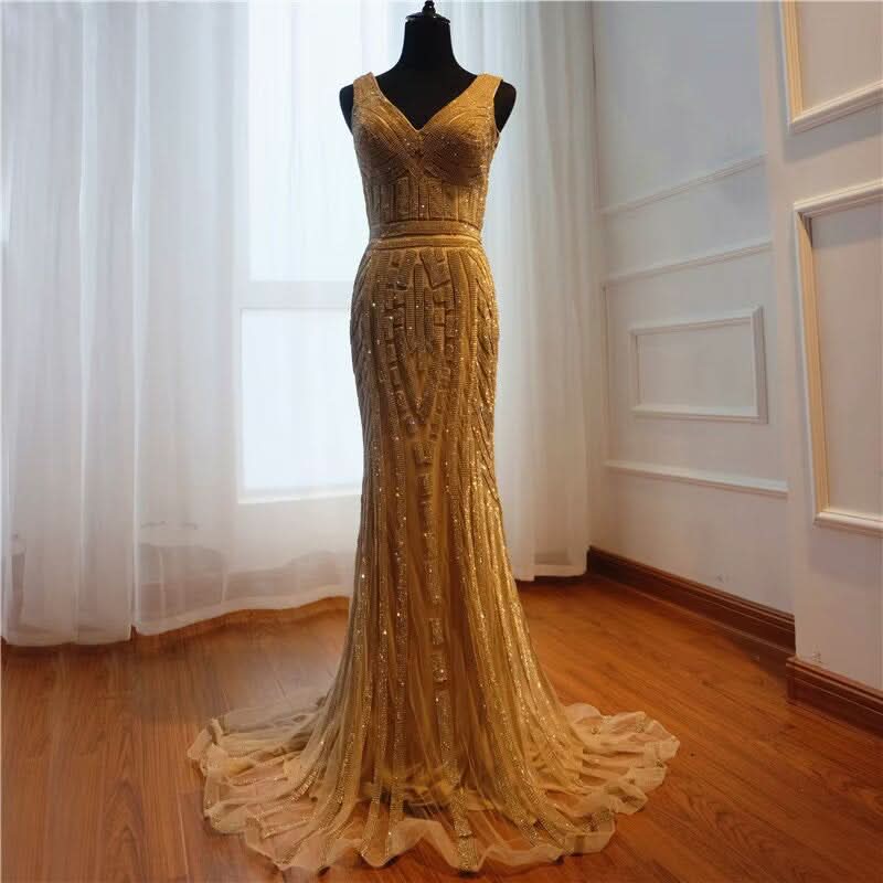 Gold Sequin Mermaid Prom Dress, V-Neck, Long Sleeveless BM bride