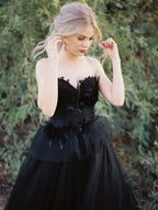 Classy Black Sweetheart Long Wedding Dress with Open Back and Lace Tulle BM bride