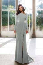 Elegant Long Sleeves Yellow Prom Dress Asymmetric Pleated Split