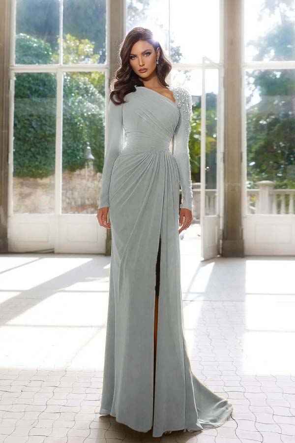 Elegant Long Sleeves Yellow Prom Dress Asymmetric Pleated Split